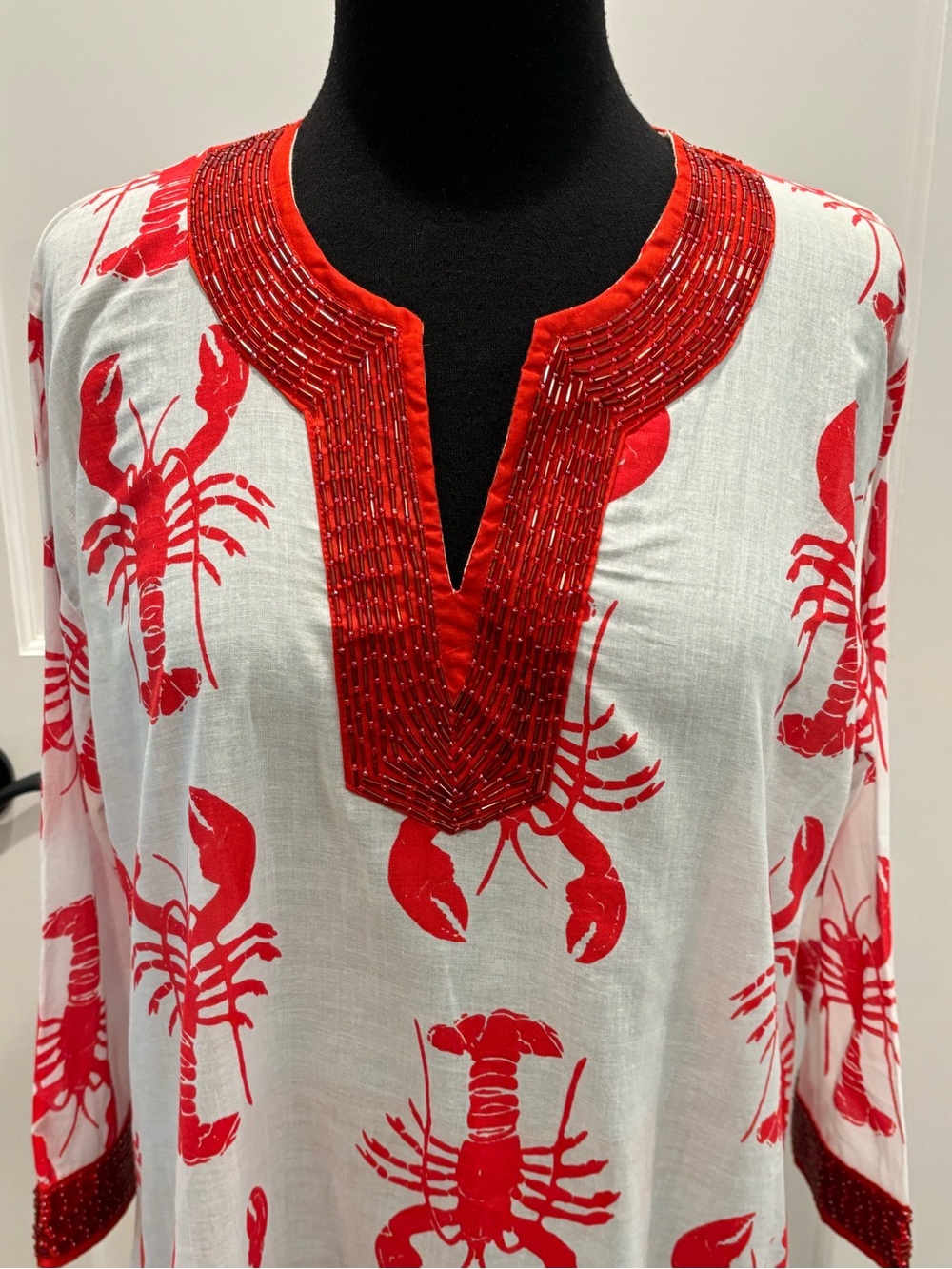 Barbara Gerwit Beaded Lobster Tunic White Red White Womens M Coastal Lobster